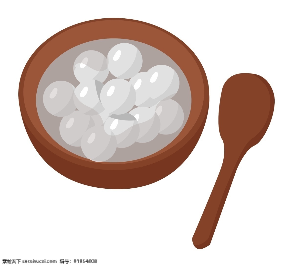 手绘 元宵节 汤圆 插画 圆圆的汤圆 元宵节快乐 卡通插画 棕色的大碗 棕色的勺子