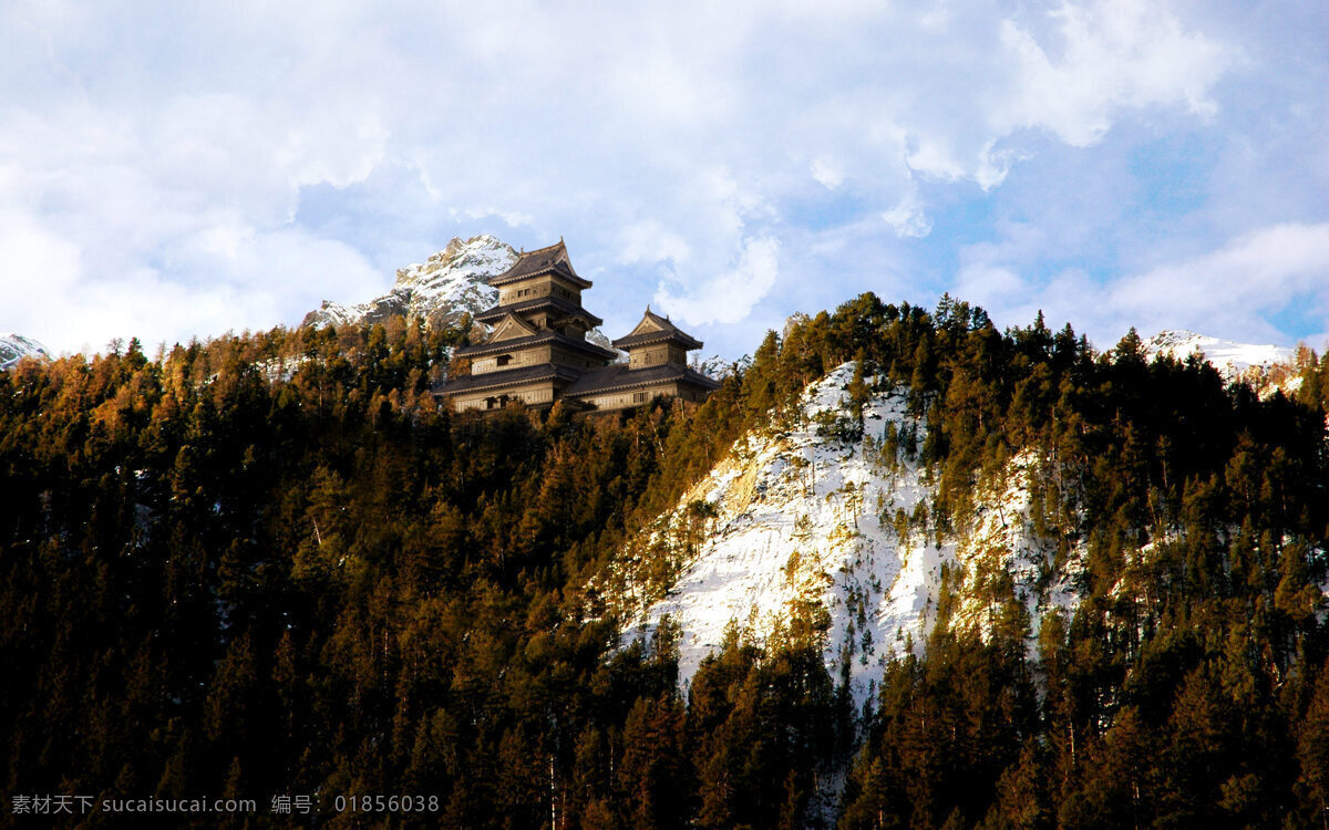 雪山和城堡 雪山 城堡 山林 自然景观 建筑景观 摄影图库