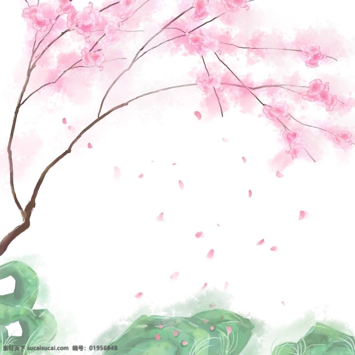 卡通 手绘 中国 风 粉红色 花 石头 卡通手绘 中国风 水彩 水墨 唯美 小清新 粉红色花 树 树枝 飘落 花瓣