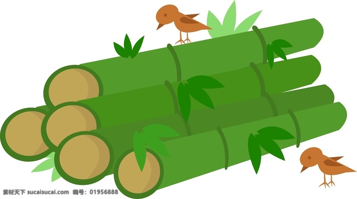 堆 砍伐 竹子 小鸟 矢量图 竹叶 树木材料 绿色 竹林 森林 环保 端午节 植物 png免抠图