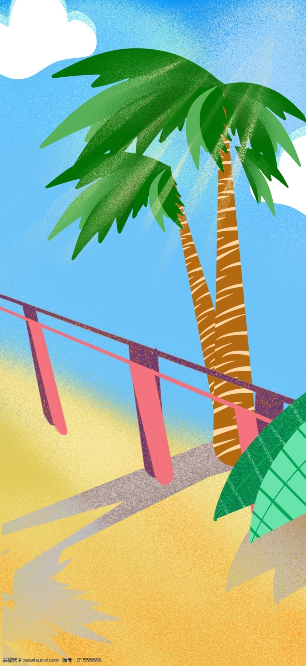 蓝色 夏日 旅游 季 海边 椰子树 背景 海边背景 手绘背景 冰爽夏日 卡通背景 阳光背景 水彩背景 夏日背景