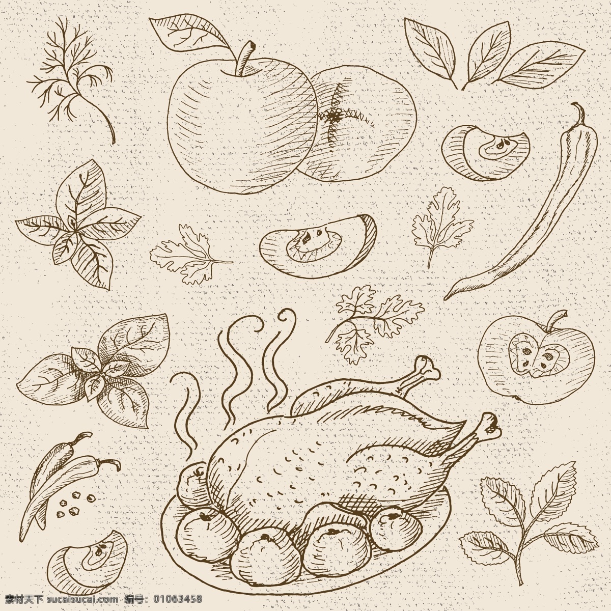 烤鸡 苹果 烹饪 饮食 矢量 合集 桃子 水果 黑板 手绘 英文 插画 线条 卡通 蔬菜