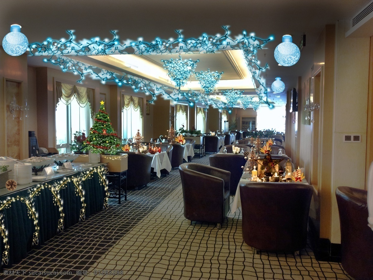 西餐厅效果 西餐厅效果图 装饰 彩带 蓝光 圣诞树 圣诞 分层 源文件