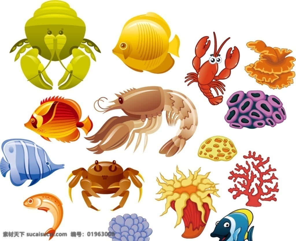 卡通海底动物 海底动物 卡通动物 皮皮虾 螃蟹 卡通虾 卡通鱼 珊瑚 鱼 鱼类 紫色珊瑚 小丑鱼 卡通珊瑚 蜗居蟹 卡通海洋 动漫动画