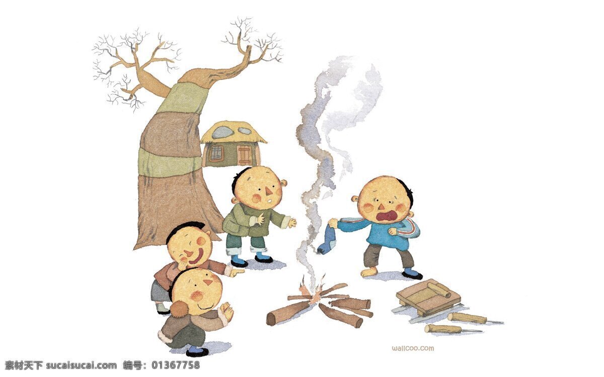 欢乐 时光 插画 儿童 绘画书法 漫画 童年 文化艺术 设计素材 模板下载 烤火