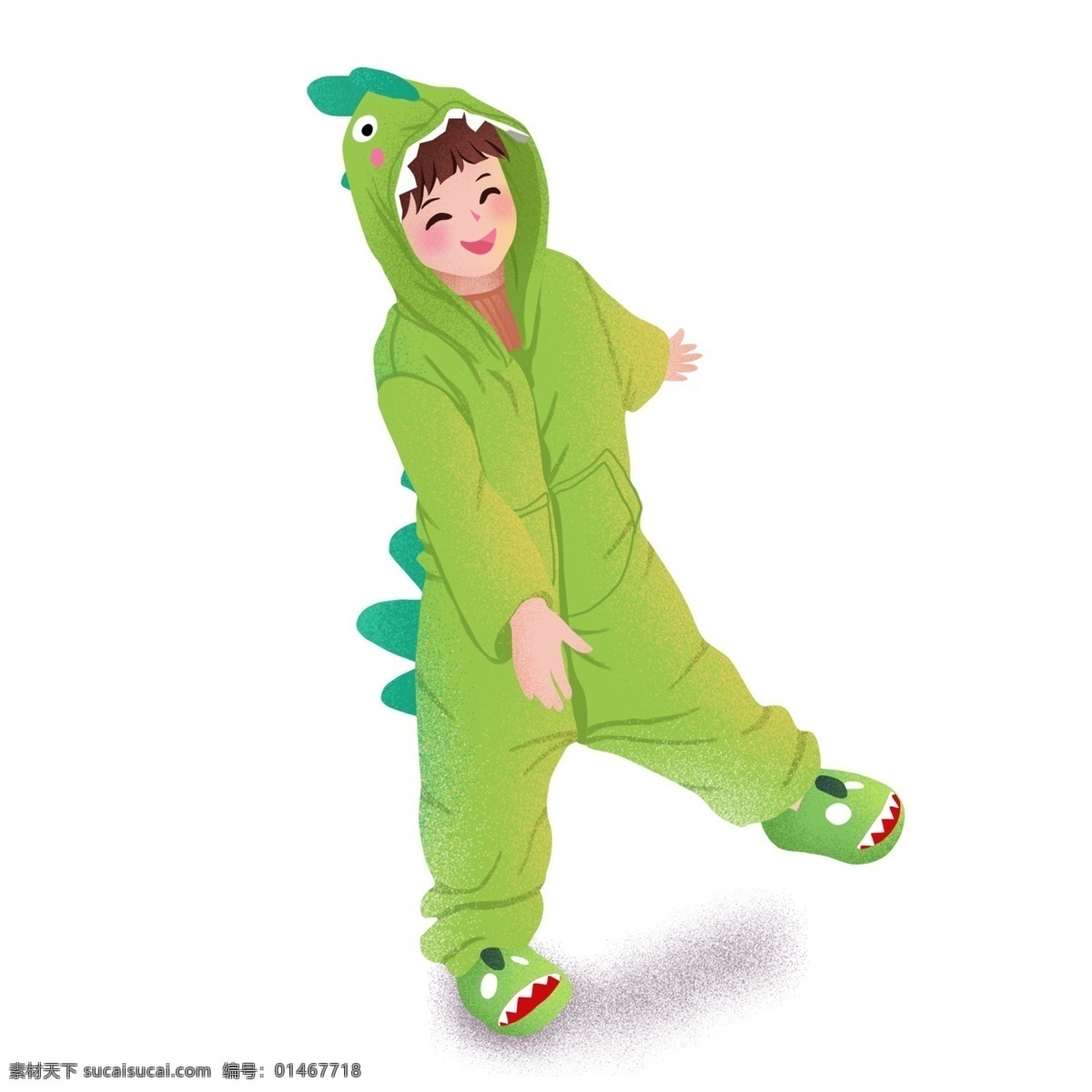 手绘 卡通 男孩 穿着 绿色 恐龙 睡衣 原创 元素 可爱 设计元素 原创元素
