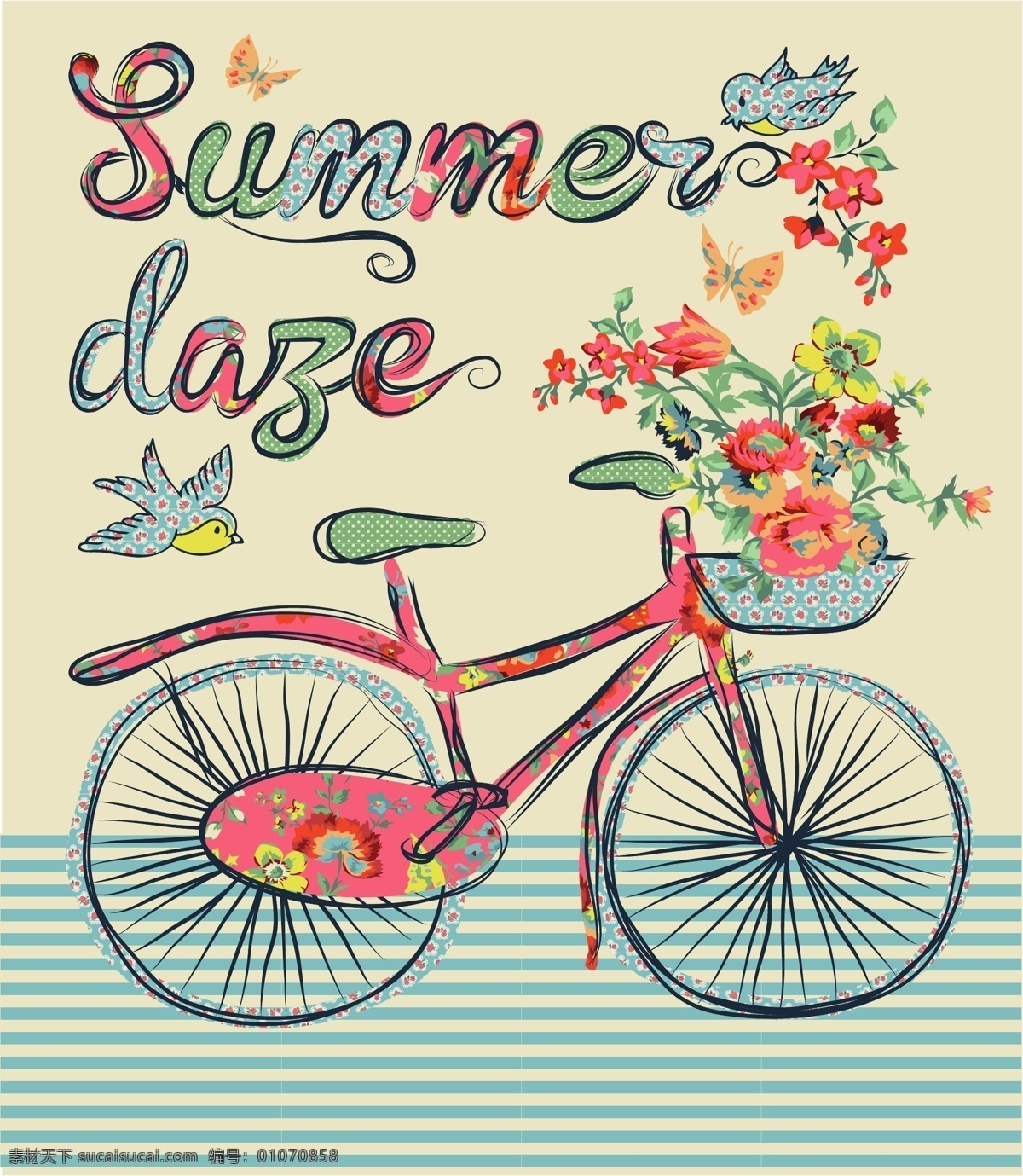 自行车图案 彩绘自行车 彩色自行车 时尚自行车 花卉自行车 卡通 卡通设计
