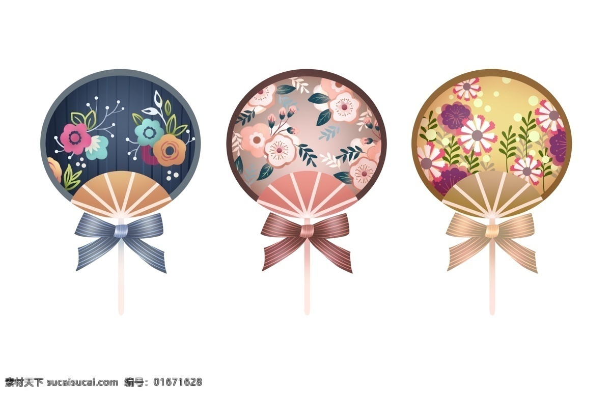 原创 手绘 日式 花卉 扇子 插画 装饰 图案 装饰花纹 日式团扇 复古 装饰图案