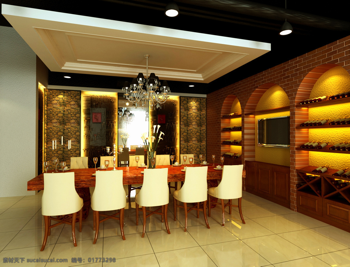 餐厅 餐椅 餐桌 电视 吊灯 吊顶 红酒 环境设计 酒柜 文化墙 室内设计 装饰素材