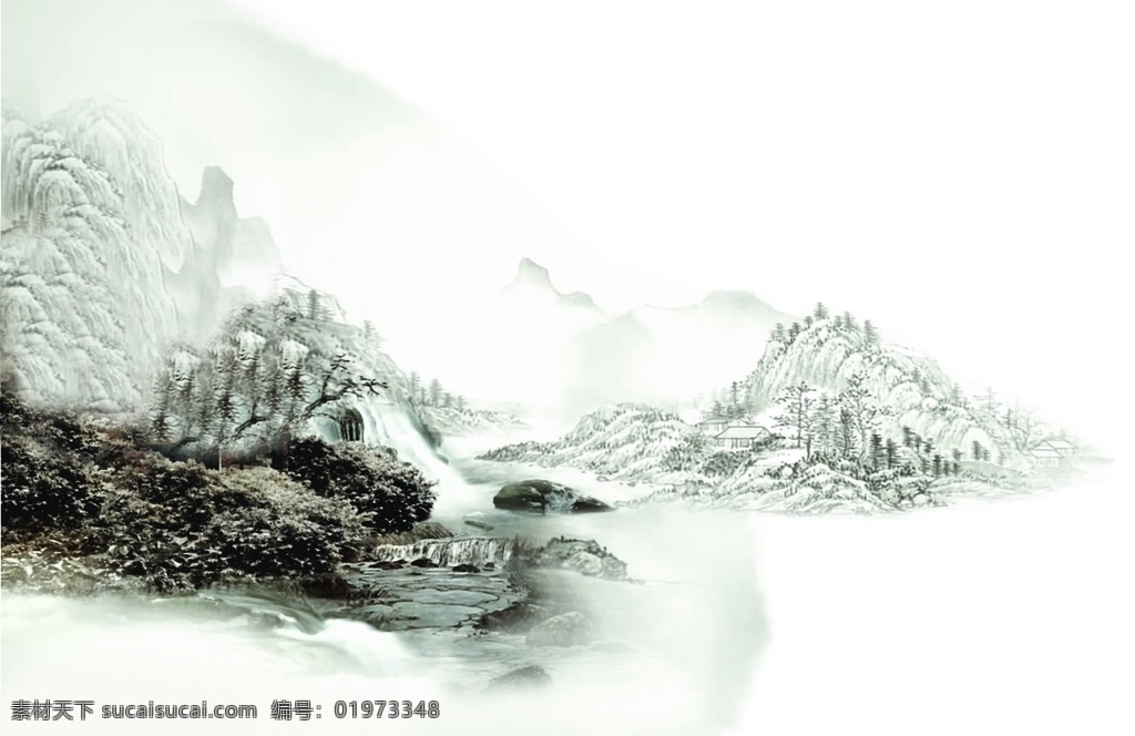 山水画 背景 设计元素 分层素材 psd格式