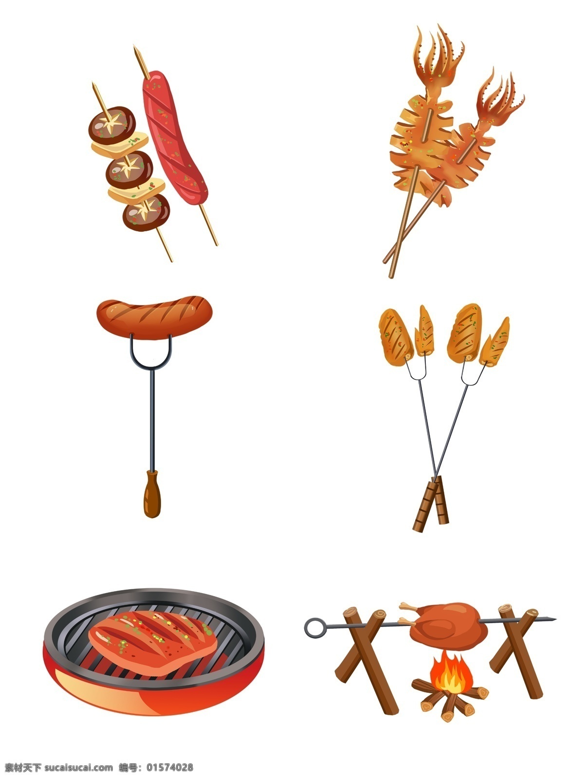 烧烤 虾 香肠 肉 蔬菜 美食 撸 串 手绘 食物 小吃 撸串 烤串