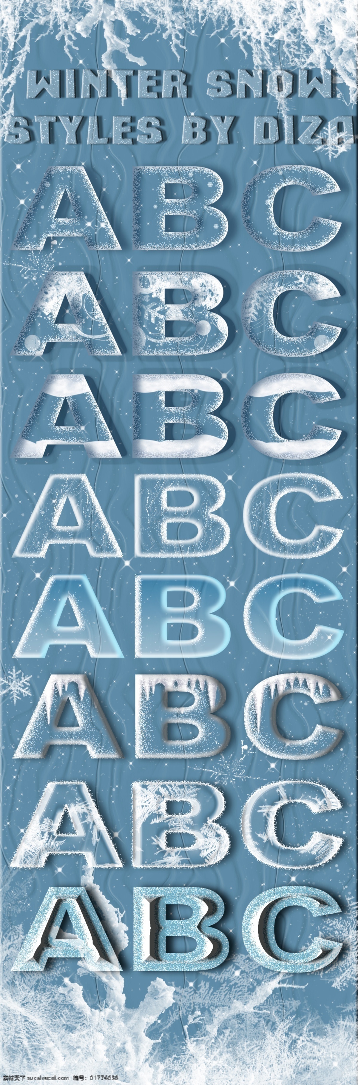 雪天 下 不同 形态 abcpsd 源文件 字母 蓝色 雪花 装饰图案