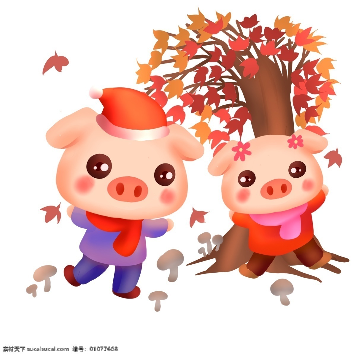 2019 猪年 兄妹 晨 跑 中国风 运动 健康 可爱 小清新 新年 小猪 元旦 红叶 蘑菇 晨跑