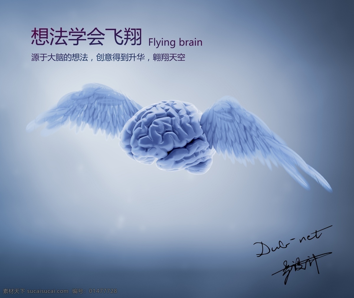 飞翔 大脑 创意设计 想法学会飞翔 翅膀 有想法的设计 蓝色