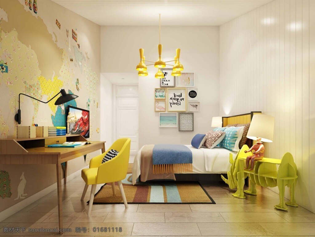 温馨 亮色 儿童 房 装修 效果图 室内 卧室 世界地图 黄色装修 书桌 台灯 条纹地毯