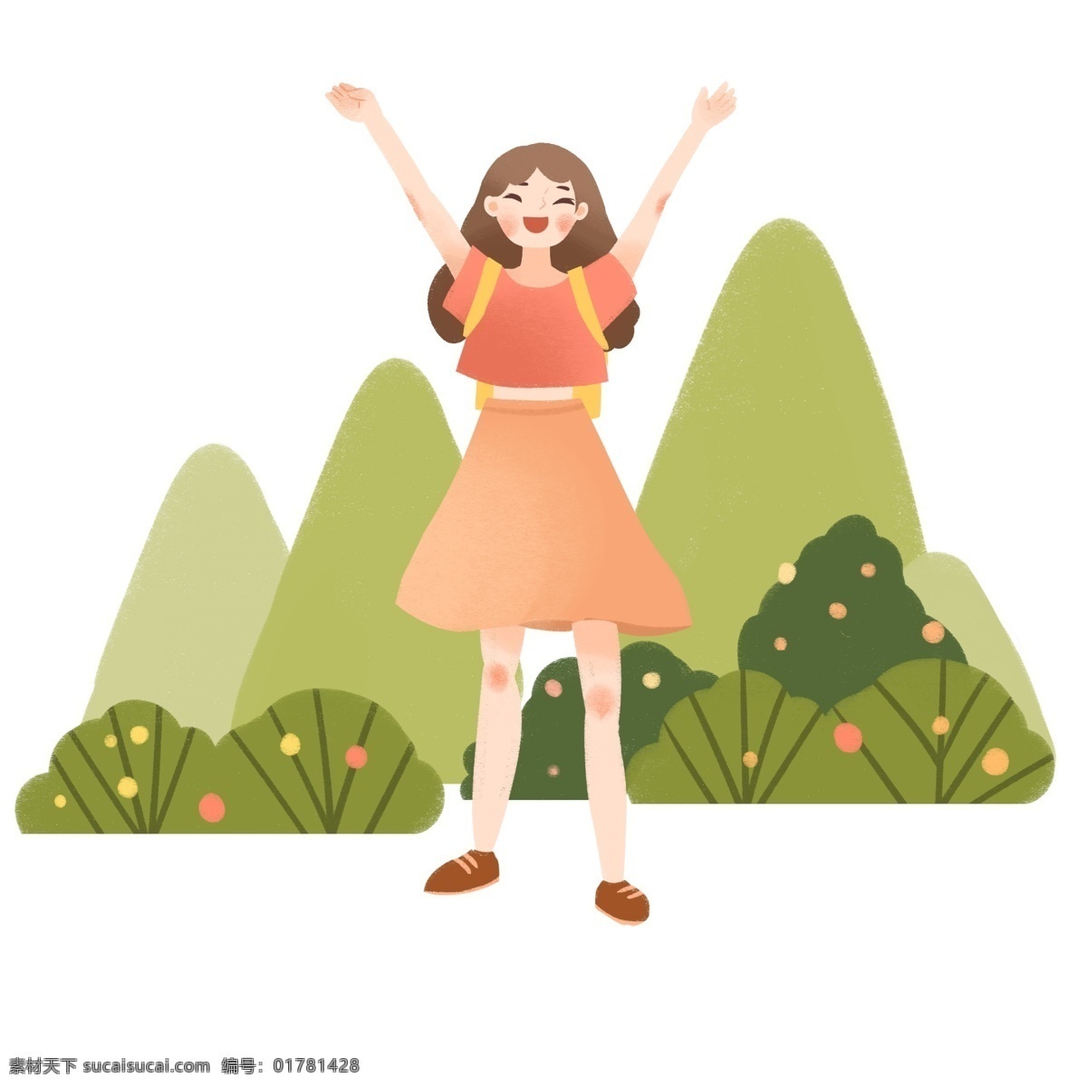 开心 小女孩 插画 春游踏青插画 开心的小女孩 绿色的树木 植物装饰 黄色的背包 卡通人物