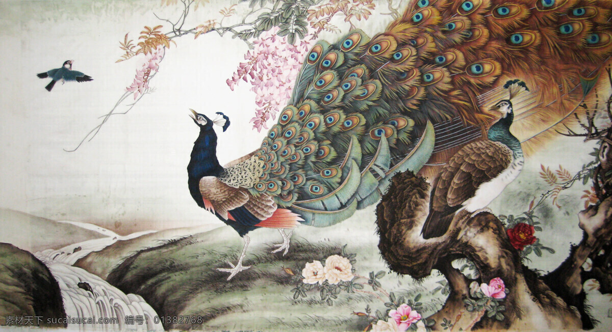 工笔花鸟画 工笔画 国画 国画艺术 花 花卉 花木 花鸟国画 花鸟图 画 工笔重彩画 孔雀 小鸟 溪流 石头 书法 印章 绘画书法 文化艺术 家居装饰素材 雕刻 图案