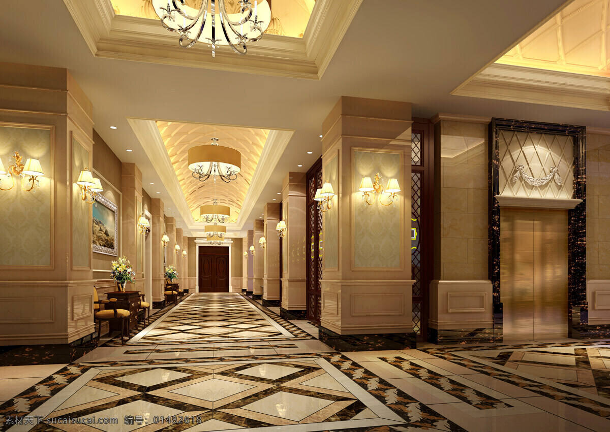 走廊 3d设计 高端 酒店 中式 中庭 3d模型素材 其他3d模型
