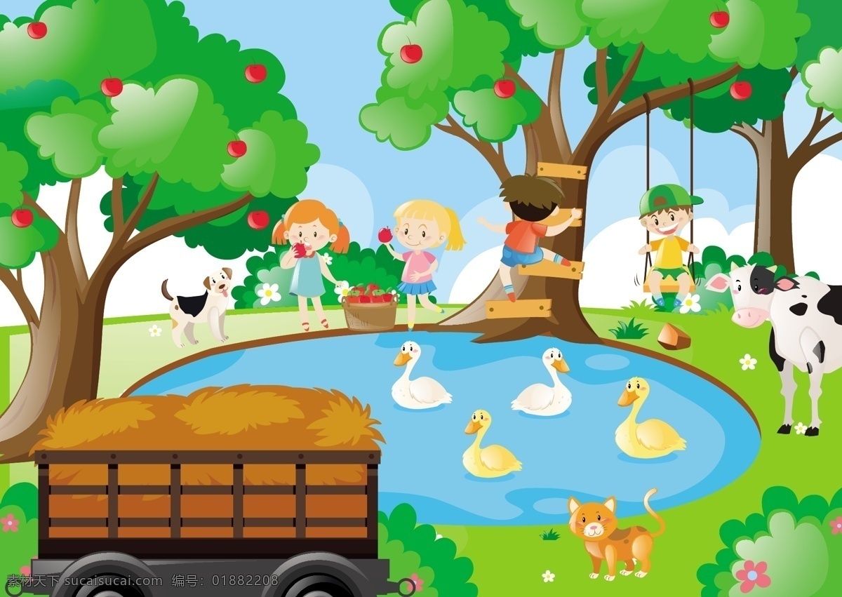 湖里 玩耍 孩子 背景 树 儿童 动物 猫 墙纸 颜色 牛 五颜六色 车 鸭 湖泊