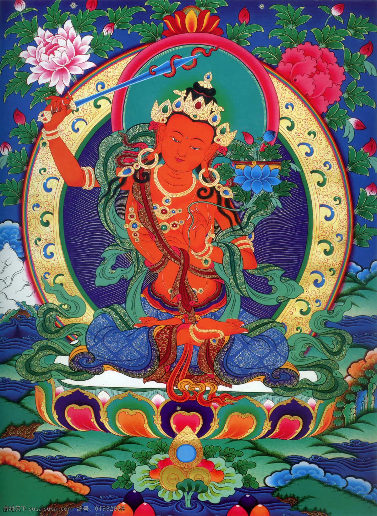 文殊菩萨 唐卡 西藏 藏文化 佛教 绘画 宗教绘画 书画 文化艺术 宗教信仰