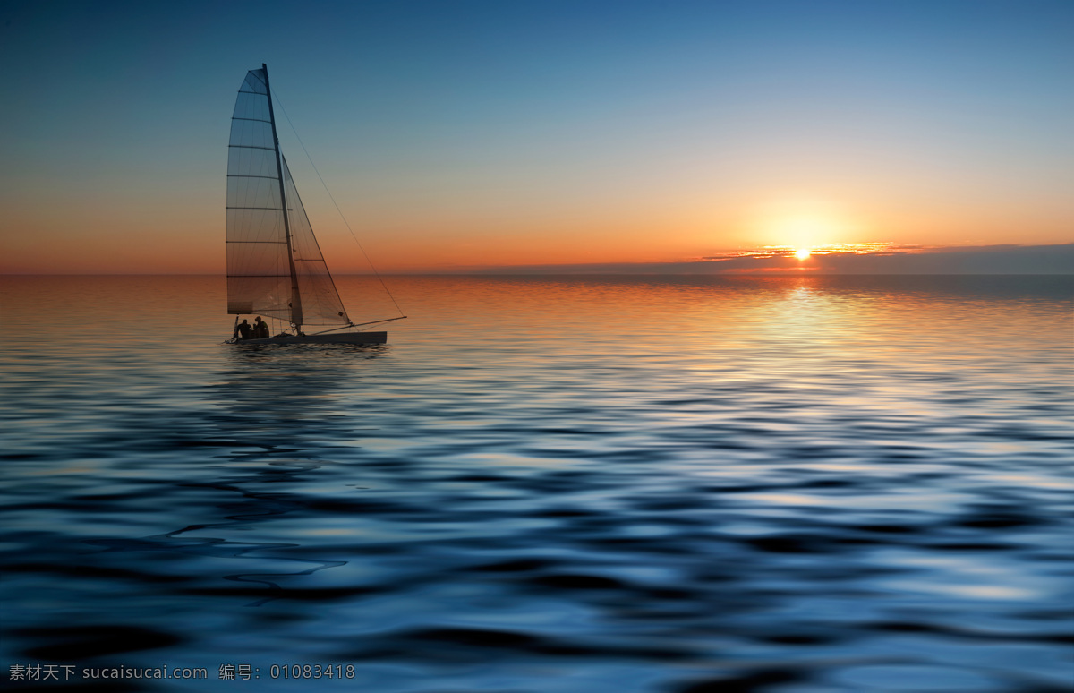 平静的水平面 日落 帆船 夕阳 黄昏 大海 自然景观 山水风景