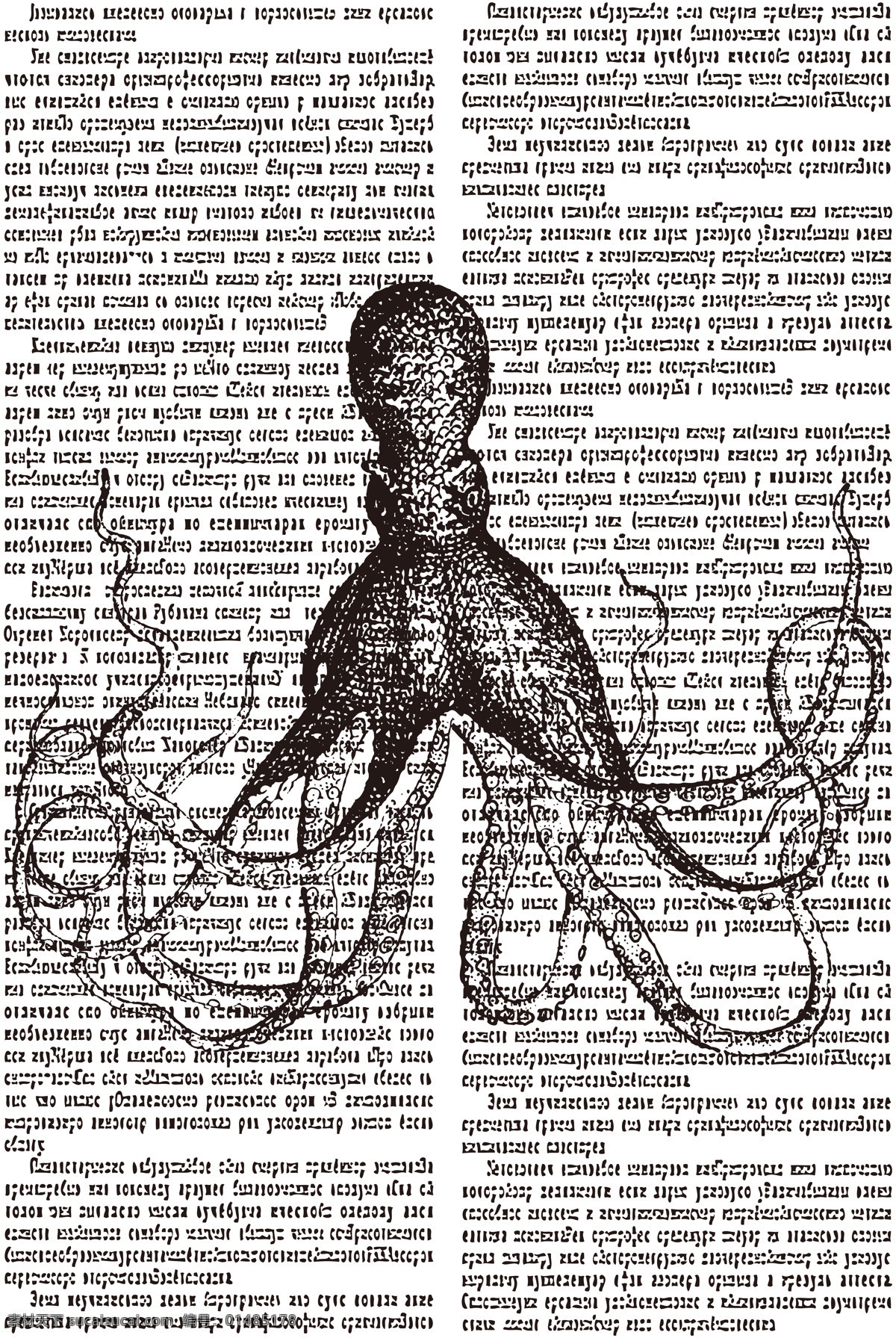 章鱼 经典刻插图 动物 黑白 报纸 报纸素材 环境设计 无框画