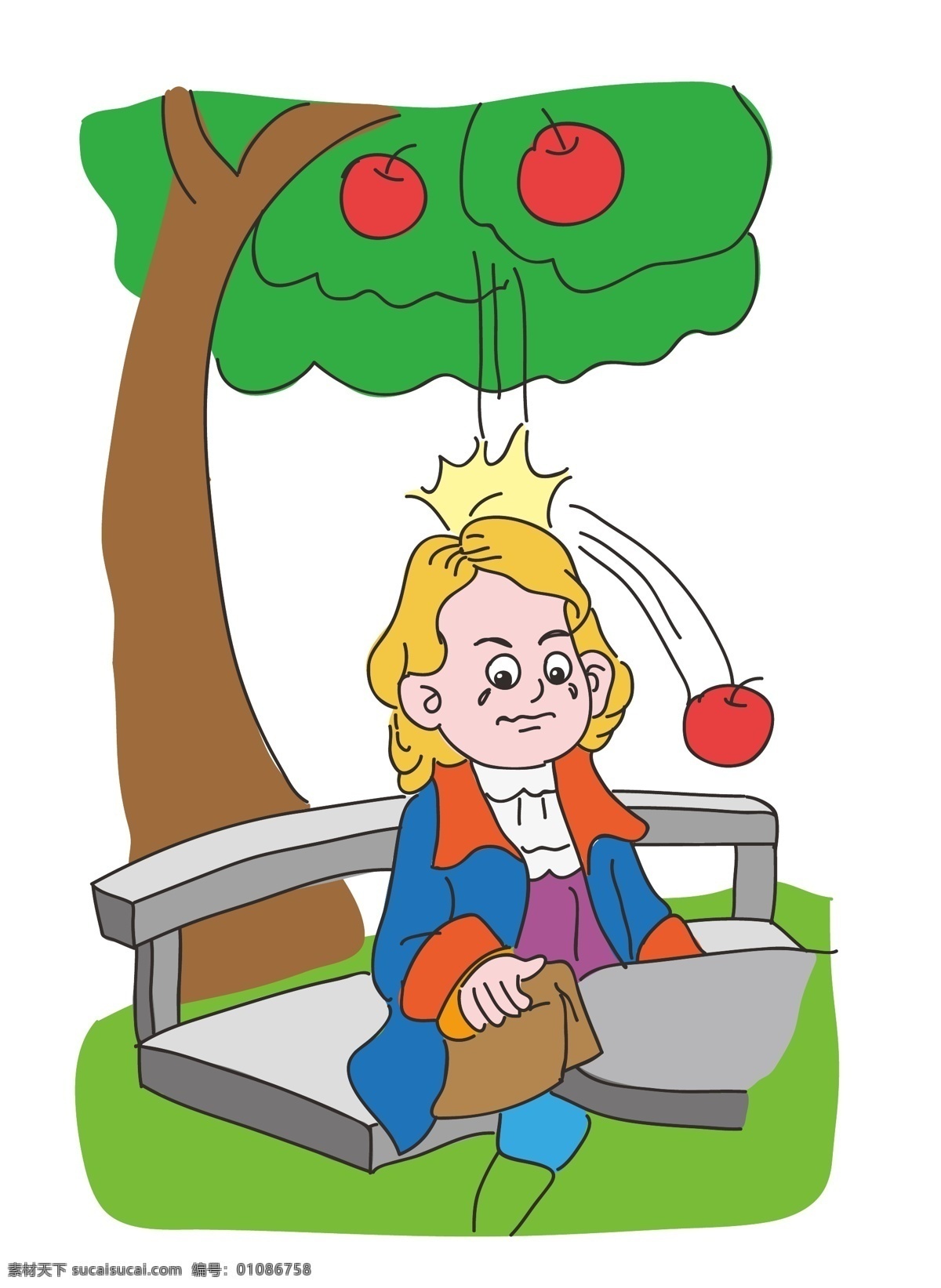 牛顿与苹果 牛顿 苹果 万有引力 科学 物理 矢量绘画 动漫动画 动漫人物