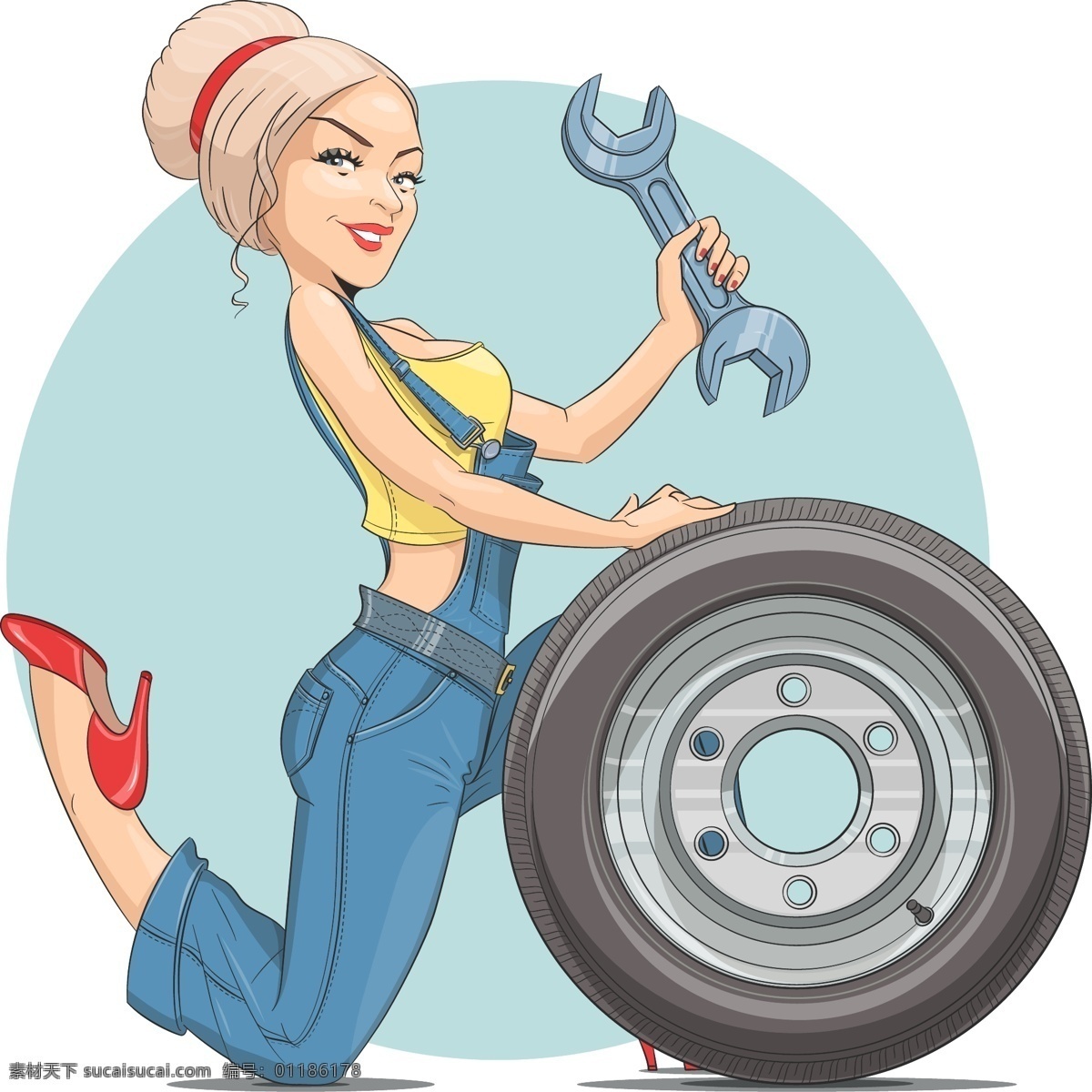 趣味 女性 汽车修理工 插画 轮胎 女生 汽车 人物 时尚 维修 现代 修理工