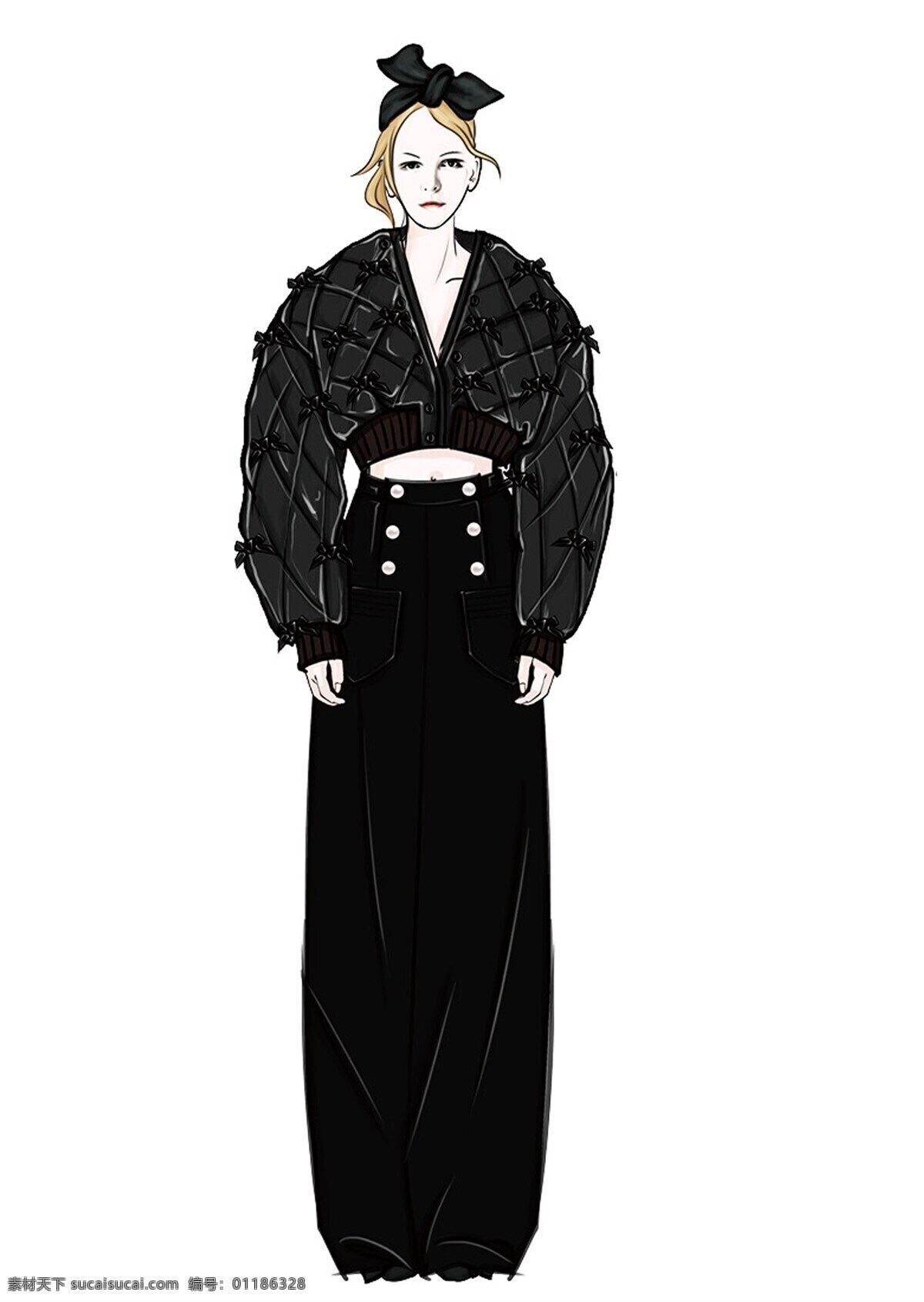 服装设计 黑色外套 女装 裙子 时尚 帅气 黑色 短外套 效果图 黑色高腰裙