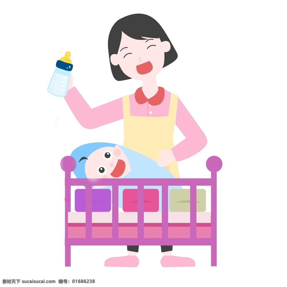 妈妈 手持 奶瓶 插画 年轻的妈妈 微笑的妈妈 紫色婴儿床 母婴 可爱的宝宝 亲子 母亲