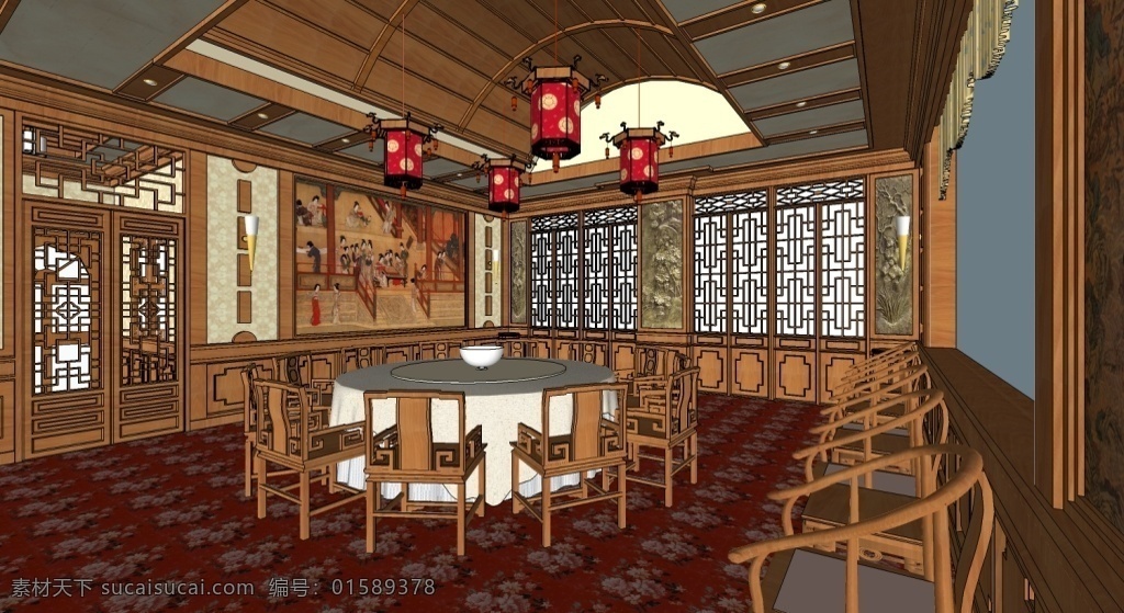 中式 餐厅 茶楼 酒店 室内 skp 模型 布置 中式餐厅 中式酒楼 sketch 黑色