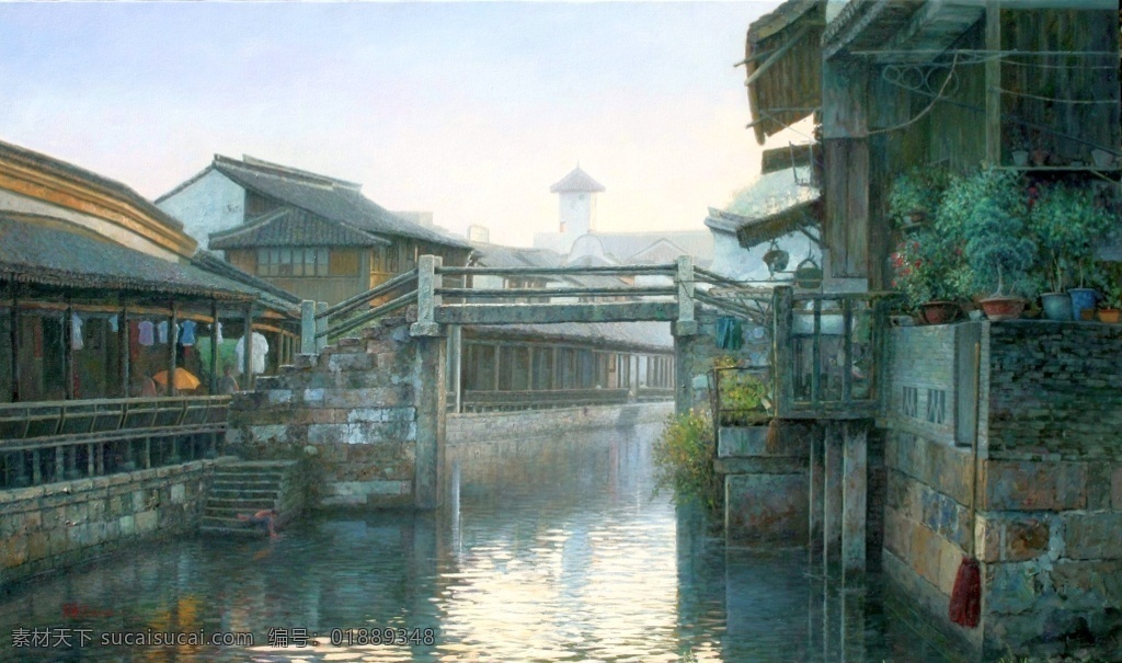 古典 河流 房屋 装饰画 建筑群 绘画