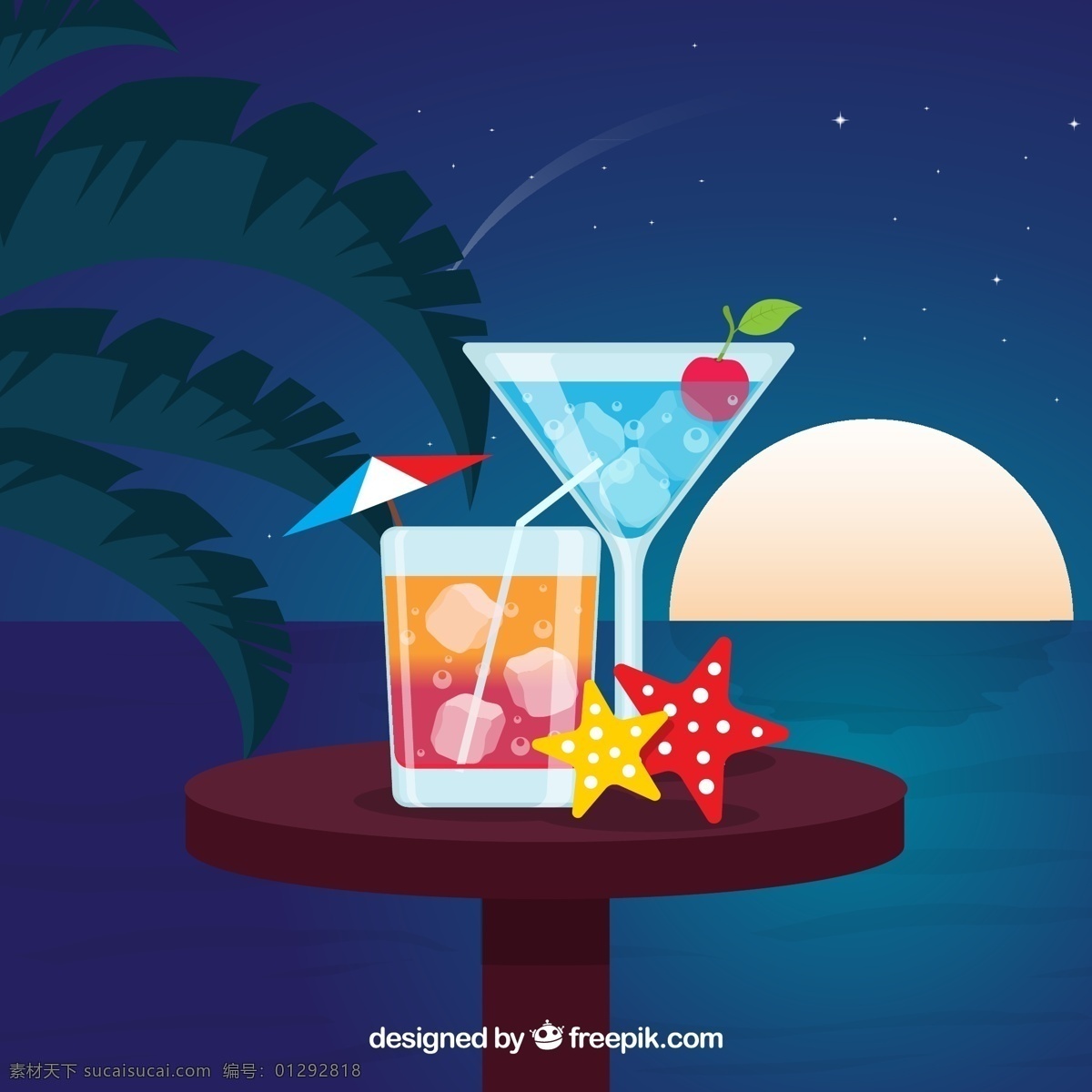 创意 沙滩 餐桌 上 鸡尾酒 矢量图 矢量 夜景 插画 酒