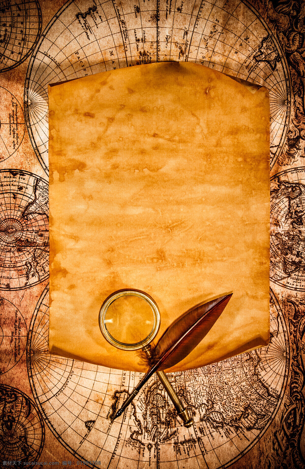 地图 上 放大镜 羽毛 纸张 复古怀旧 航海地图 航海用品 其他类别 生活百科 橙色