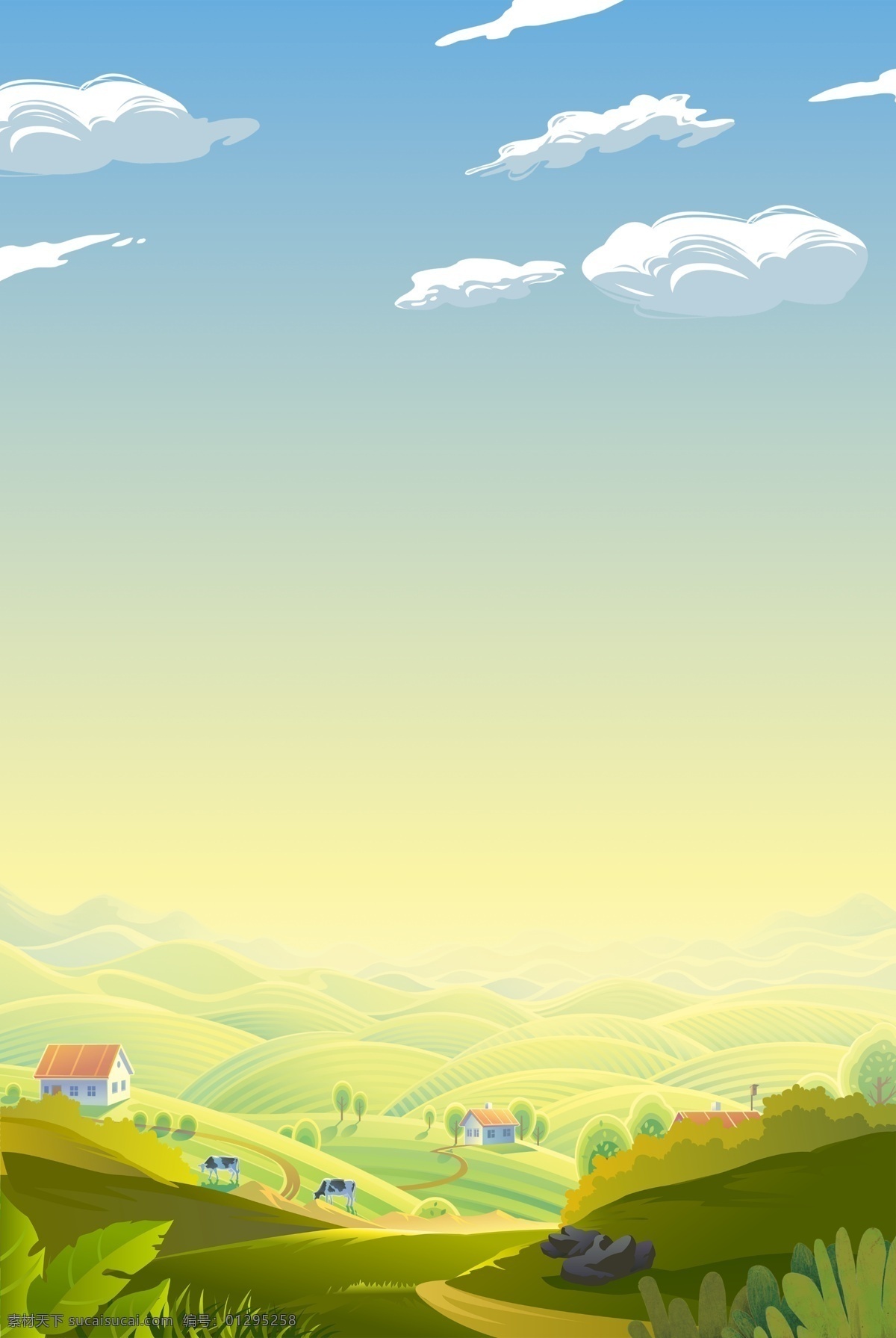 稻田 绿色 简约 风景 合成 背景 自然风景 山 天空 白云 卡通 创意