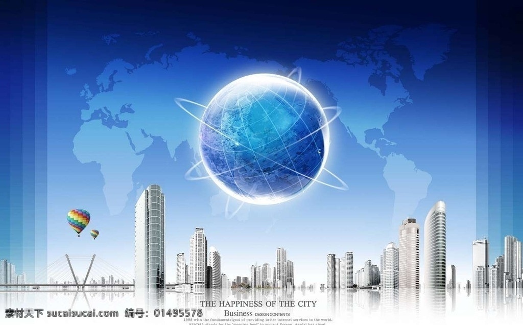 未来 科技 环保 地球 星球 世界地形图 围栏 城市 建筑 高楼大厦 摩天大楼 科幻 办公楼 写字楼 热气球 梦想 梦幻 卫星轨道 分层 源文件
