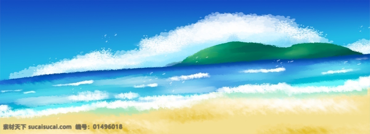 蓝色 天空 海洋 免 抠 图 白色云朵 黄色沙滩 卡通图案 卡通插画 蓝色的海洋 山坡 云朵 免抠图