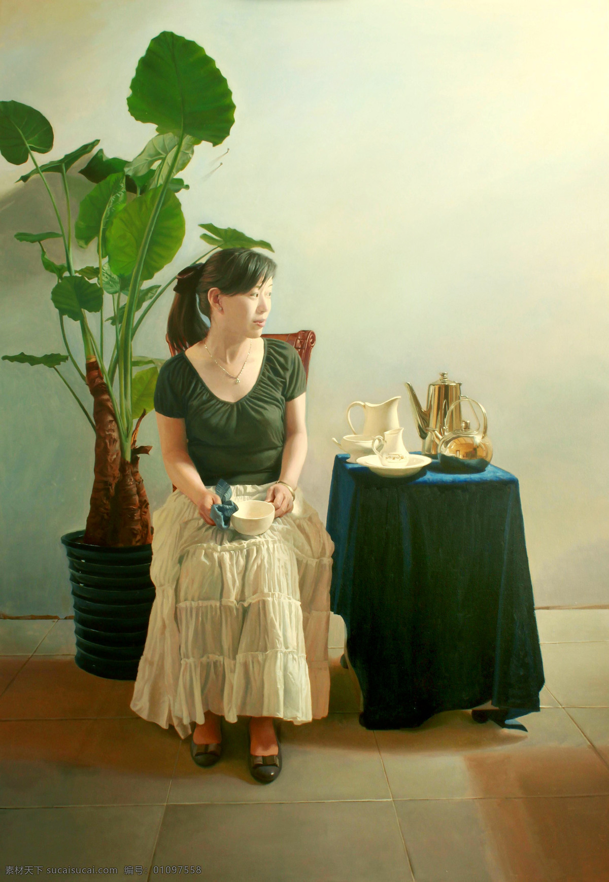 表情 茶具 茶水 动作 姑娘 绘画书法 靓女 美术 午茶 油画 女人 女子 姿势 植物 油画艺术 油画作品29 文化艺术 家居装饰素材