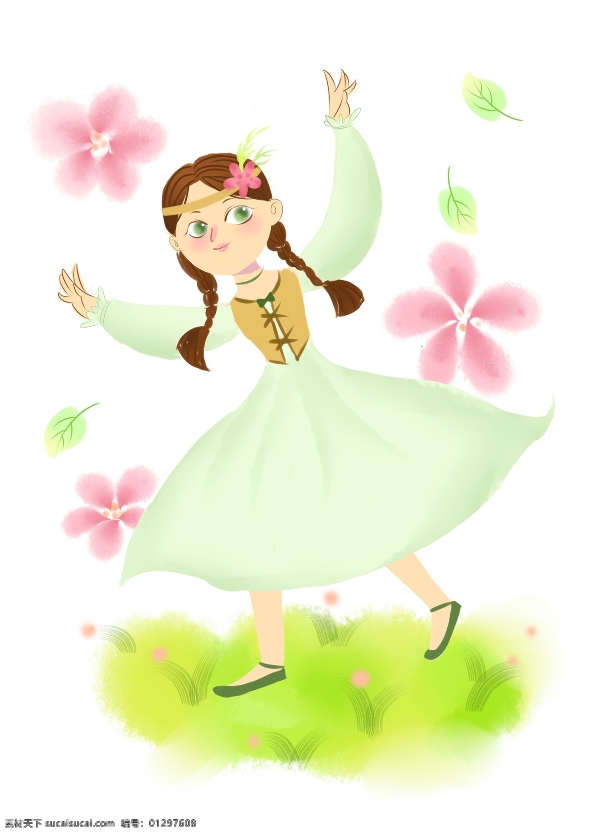 春分 跳舞 小女孩 春分人物插画 跳舞的小女孩 卡通人物 粉色的小花 绿色的叶子 植物装饰