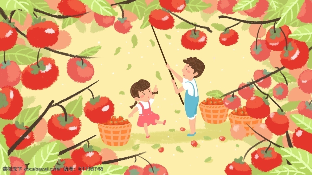 金秋 柿子 果实 累累 红色 插画 壁纸 包装 摘水果 男孩 女孩 配图