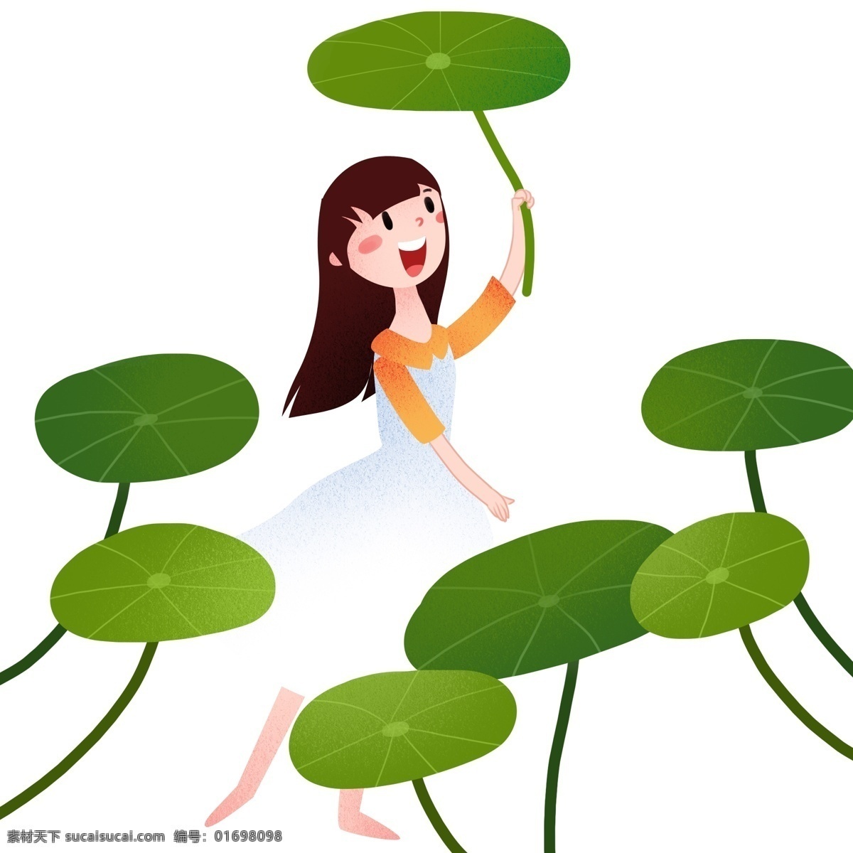 立夏 荷叶 小女孩 立夏人物插画 女孩 绿色的荷叶 漂亮的小女孩 卡通人物 植物装饰