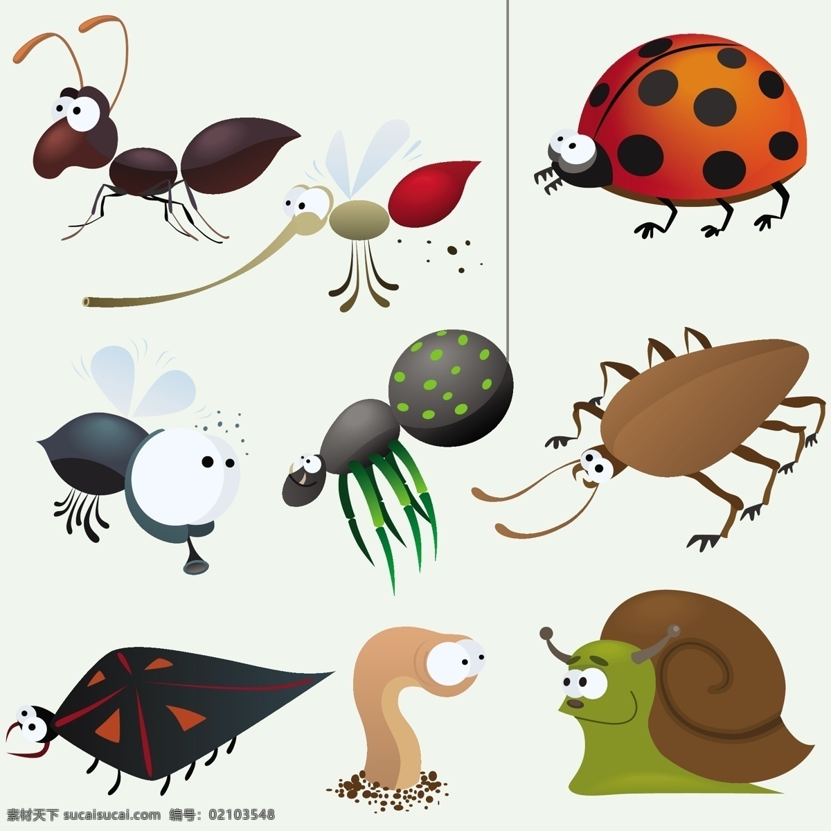 卡通 昆虫 矢量 动物 可爱 蚂蚁 瓢虫 矢量素材 蚊子 蜗牛 蜘蛛 蚯蚓 decoder 矢量图 其他矢量图
