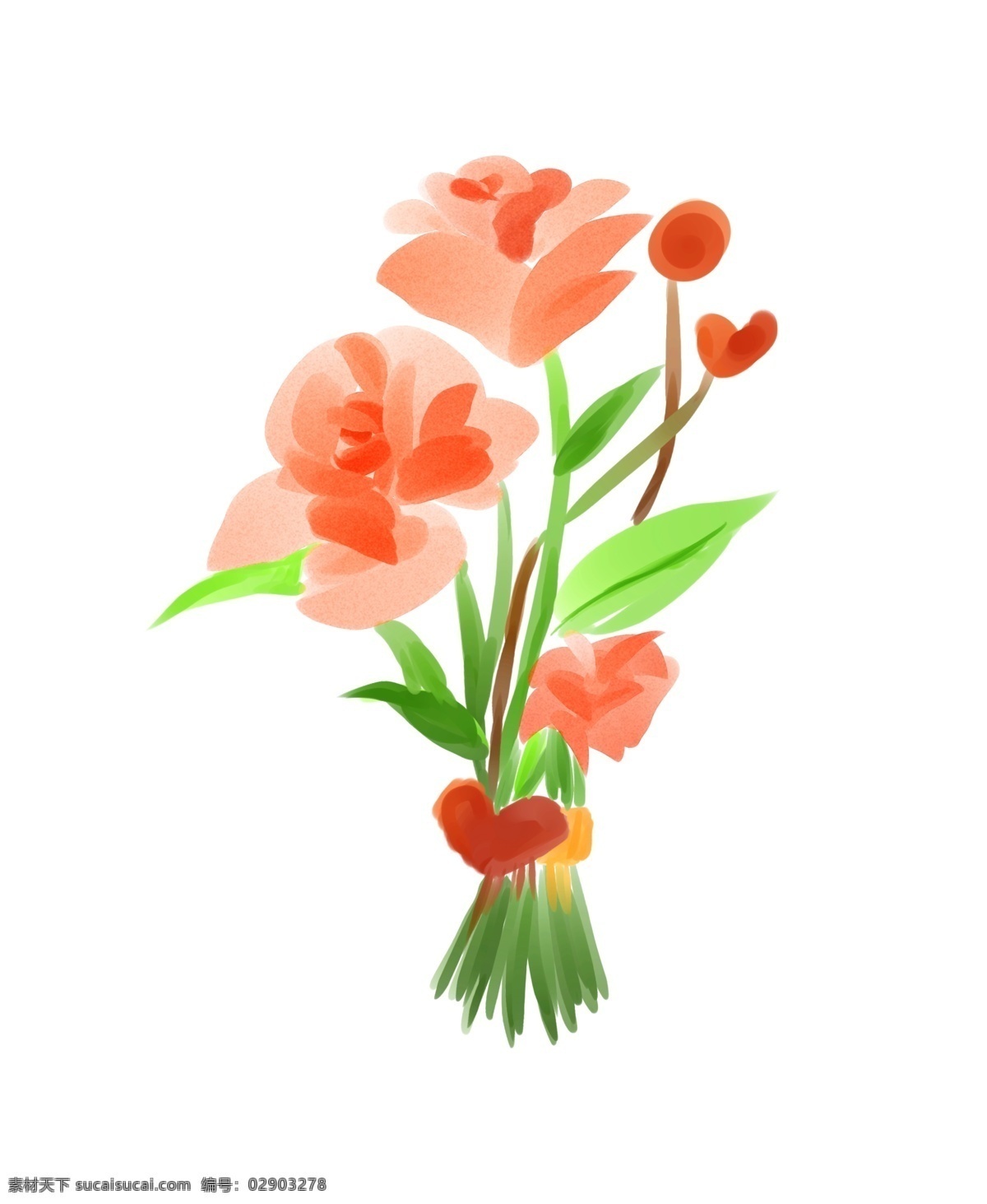 情人节 水彩 花束 插画 水彩花束 手绘花束 漂亮的花束 一束鲜花 情人节礼物 花朵 绿色的叶子