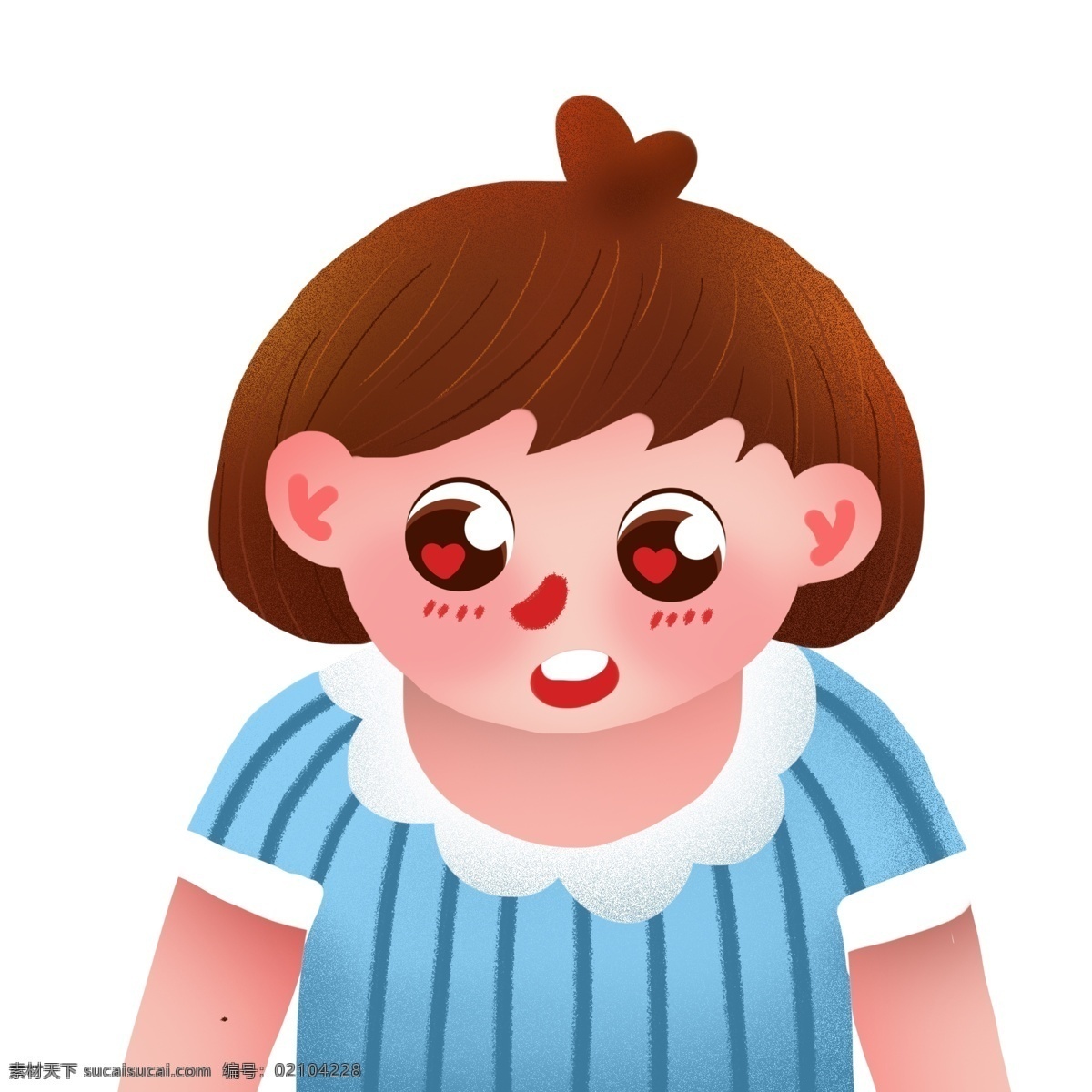 卡通 可爱 穿着 蓝色 短袖 西瓜 头 女孩 儿童 女生 人物 插画 害羞 脸红