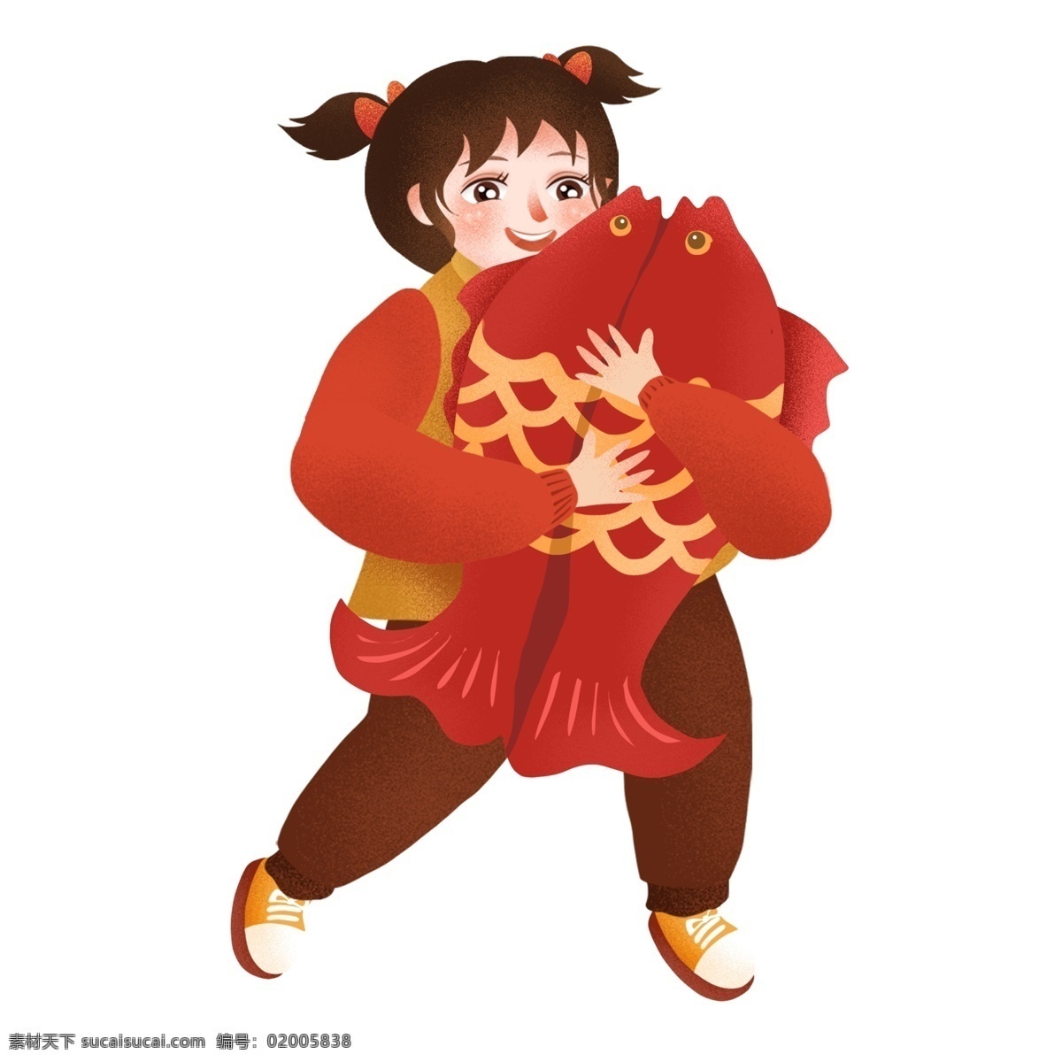 喜庆 过年 抱 锦鲤 女孩 插画 中国风 手绘 新春 新年 转运锦鲤