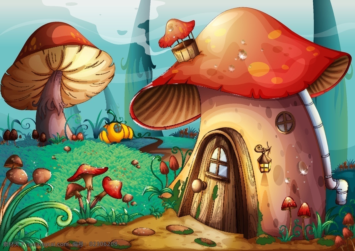 可爱 卡通 森林 蘑菇 屋 蘑菇屋 卡通森林 矢量 儿童 插画 卡通设计