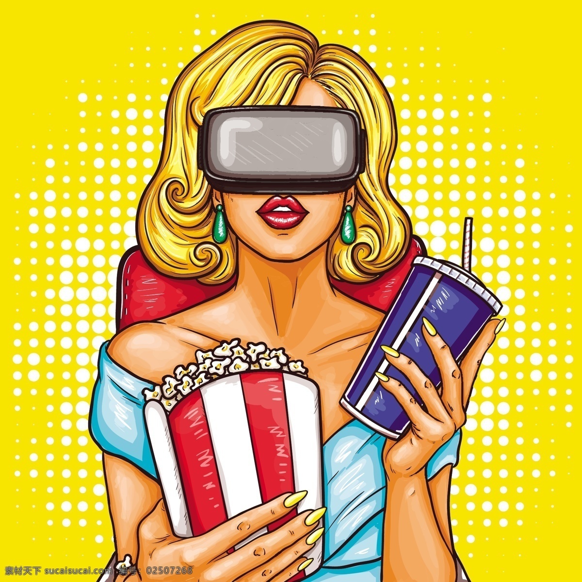 矢量 波普 艺术 女人 虚拟现实 眼镜 看电影 人 技术 手 时尚 卡通 脸 3d 电影 数码 流行艺术 夜 现代 椅子 工业