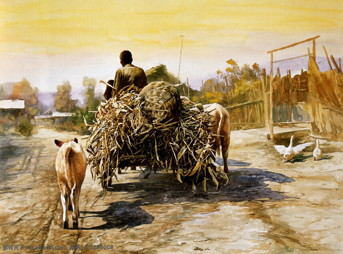 绘画书法 人物画 水彩风景画 田野风光 文化艺术 油画风景 暮归设计素材 暮归模板下载 暮归 农村风景画 农家秋收 民房篱笆 黄牛拉车 王可 大 水彩 画集 装饰素材 山水风景画