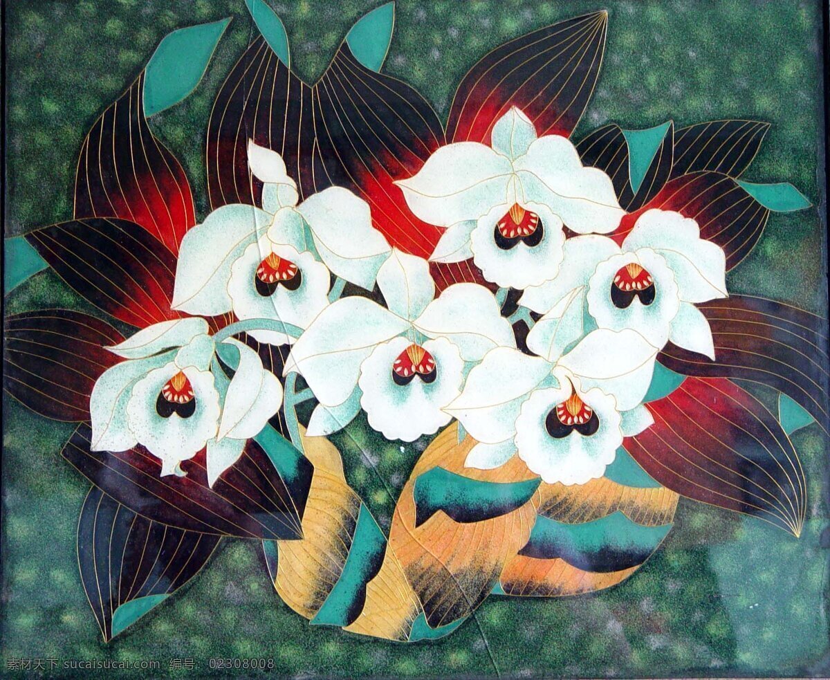装饰画 掐丝 花卉 白色 花朵 深色叶子 绘画书法 文化艺术
