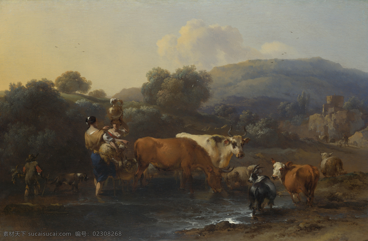 stream 大师 画家 古典 画 建筑 景物 装饰画 油画 fording cattle with peasants berchem nicolaes 人物 高清 西方 国外 现代 装饰素材